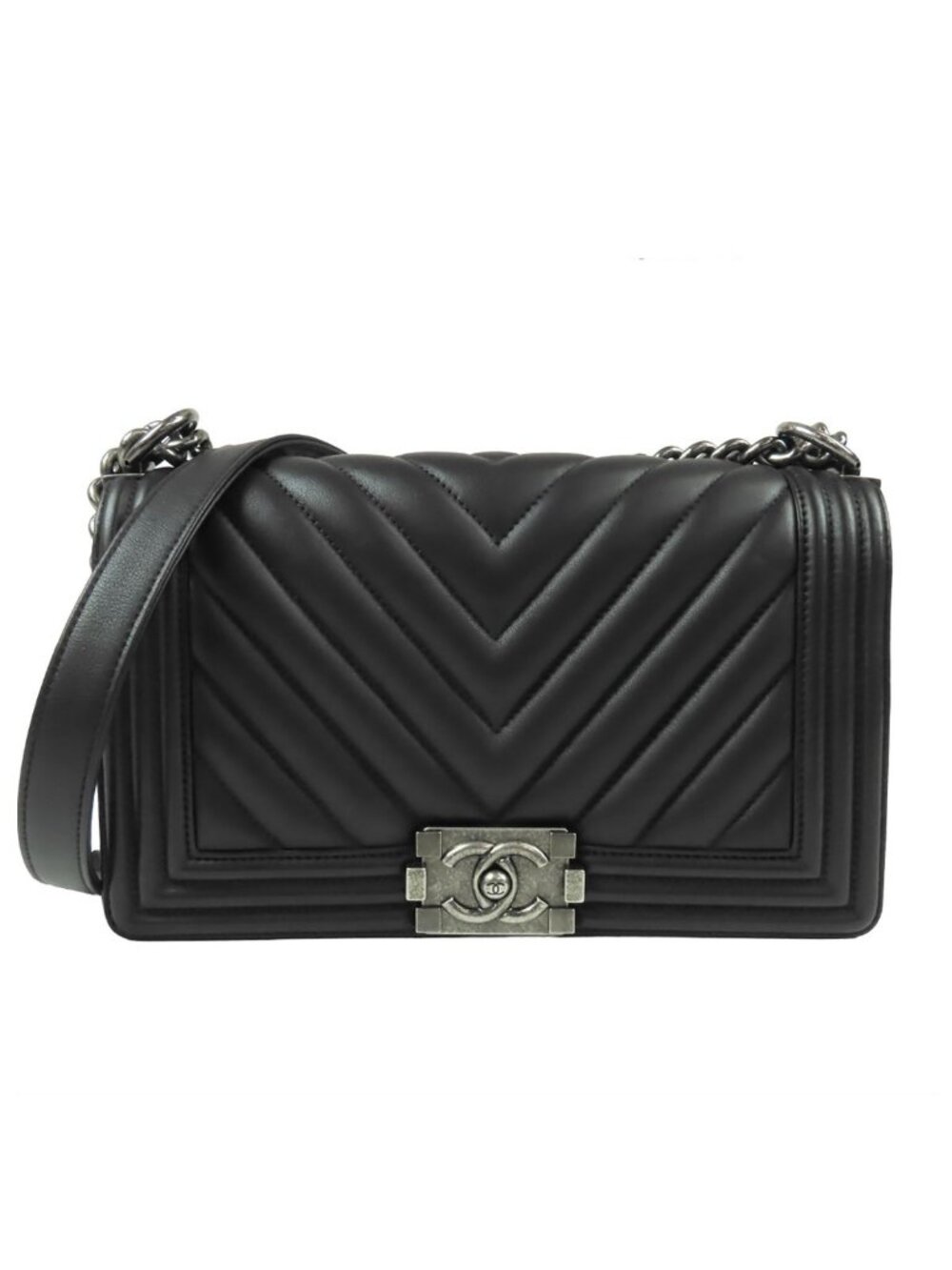 Chanel Boy Black Silver Lambskin Stitch Chain Shoulder Bag